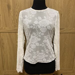 Savage Love Floral Mesh Top Long Sleeve Velour Texture Sheer Medium Off-white